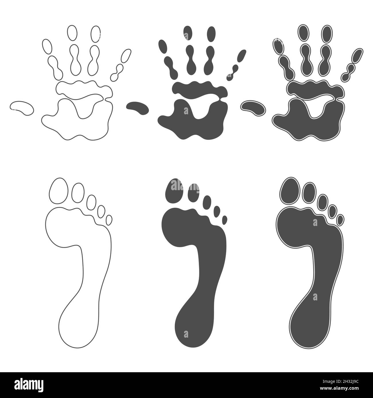 Set of black and white illustrations with prints of hands and feet. Isolated vector objects on white background. Stock Vector