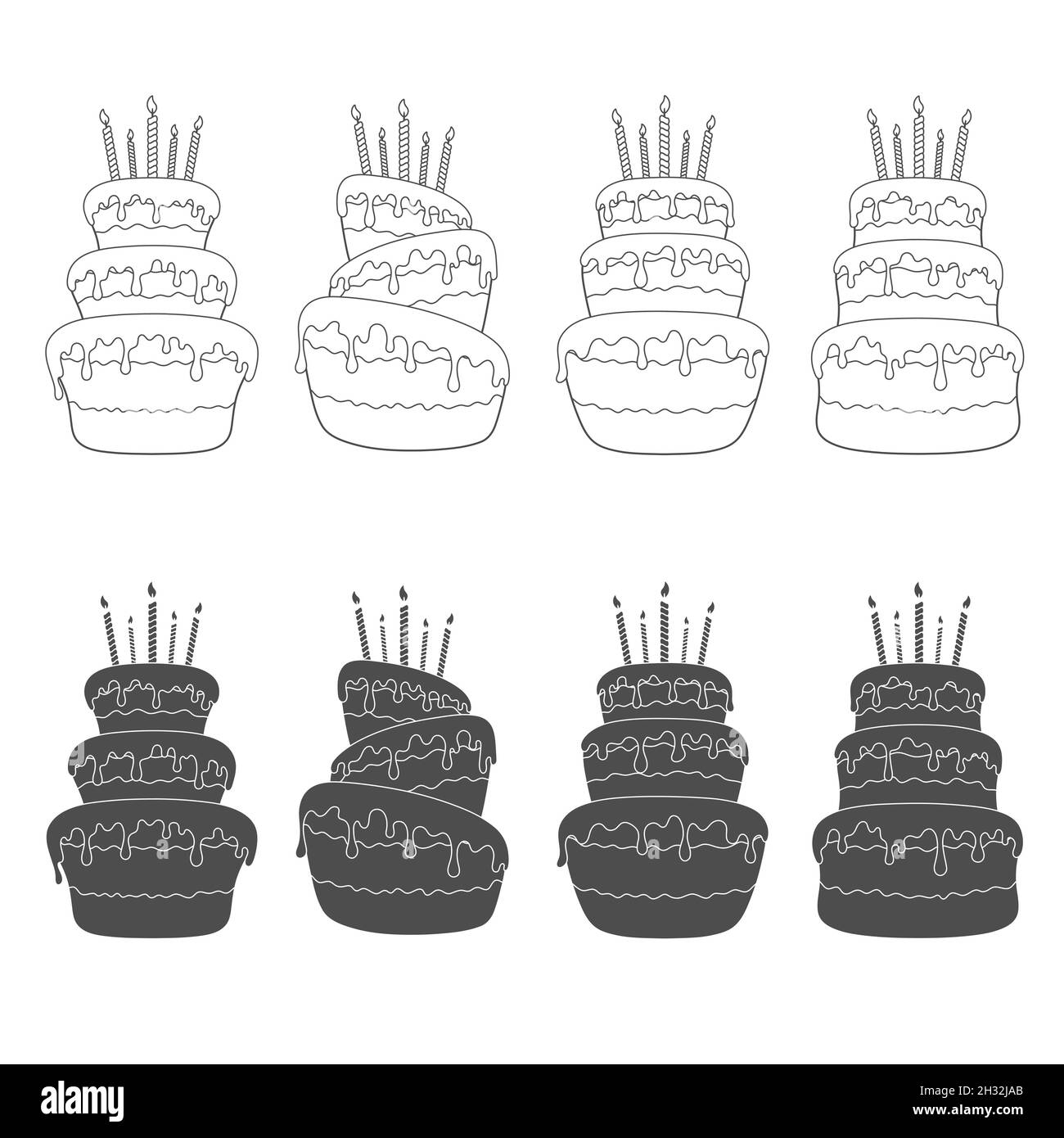 Black and white set of illustrations with a birthday cake. Isolated vector objects on white background. Stock Vector