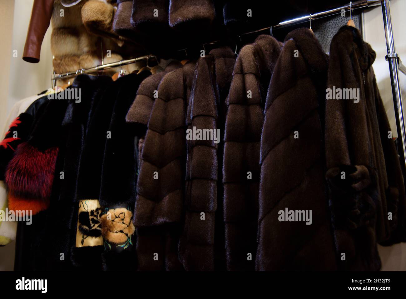 Fur coats made for ladies and exposed for sale. Fur Coats on Display, Fur  Coats for Women Stock Photo - Alamy