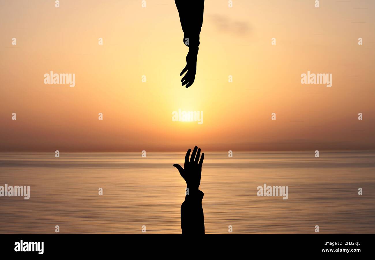 Hand Asking help From god Concept. Helping Hand Against Sunset Sea background. People helping, God salvation and Get Hired Concepts Stock Photo