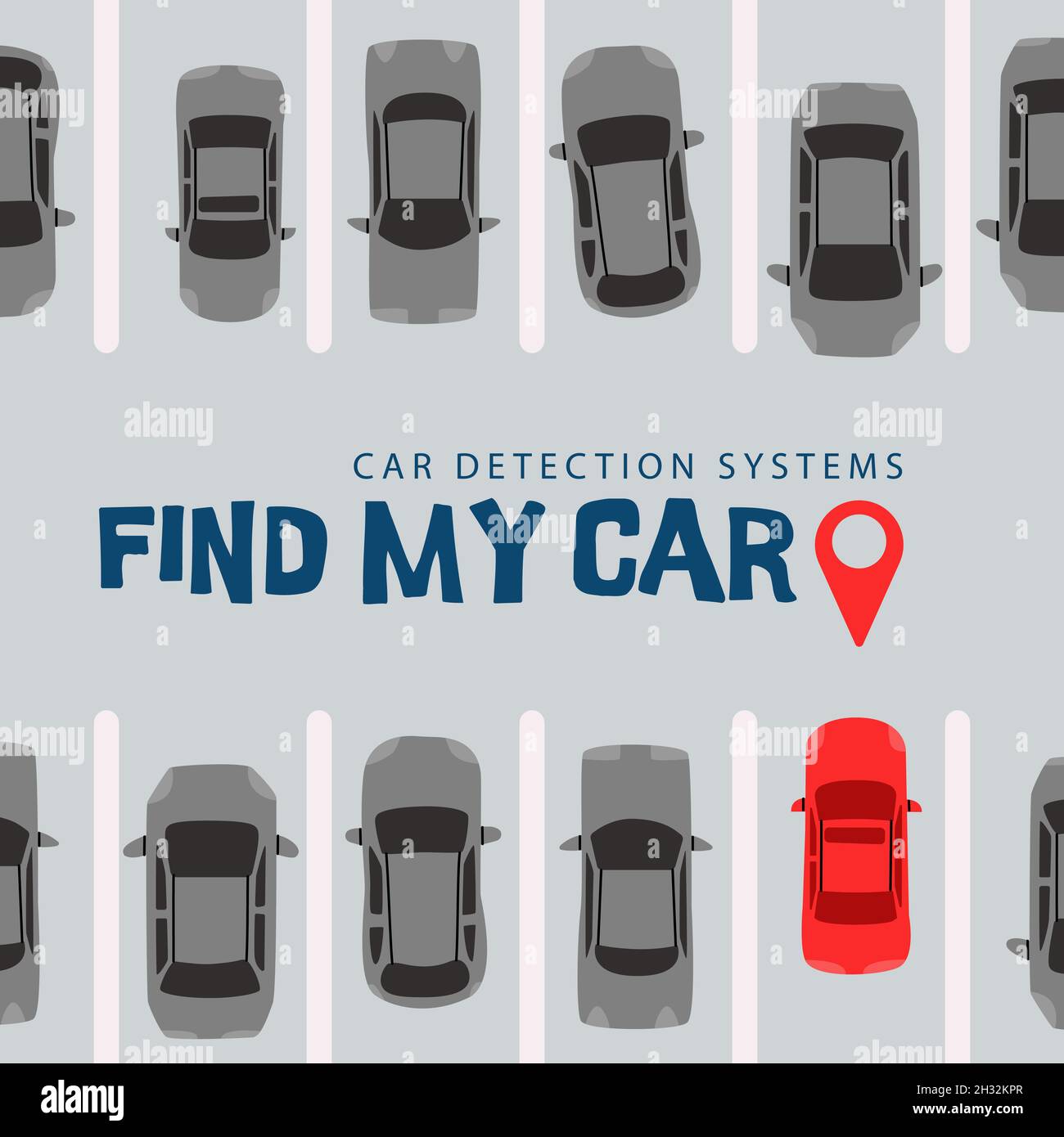 Find my car. Vehicle detection systems. Top view of a parking lot with cars. Geotag pointing to the vehicle. Vector eps 10. Stock Vector