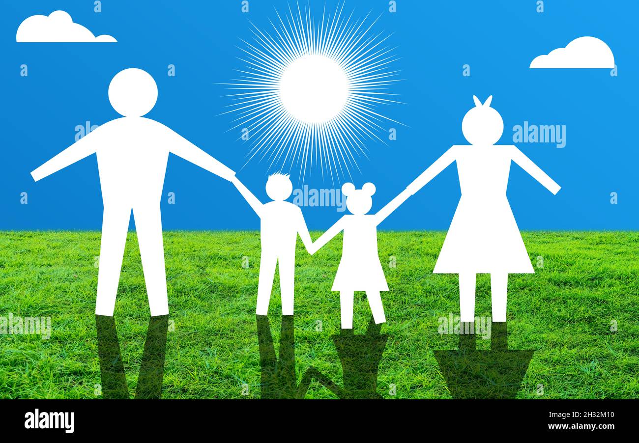 Happy Family standing On Grass Ageist Shiny Sun light and Blue Sky Background. Paper Connected family silhouette in front of sun light. mother and fat Stock Photo