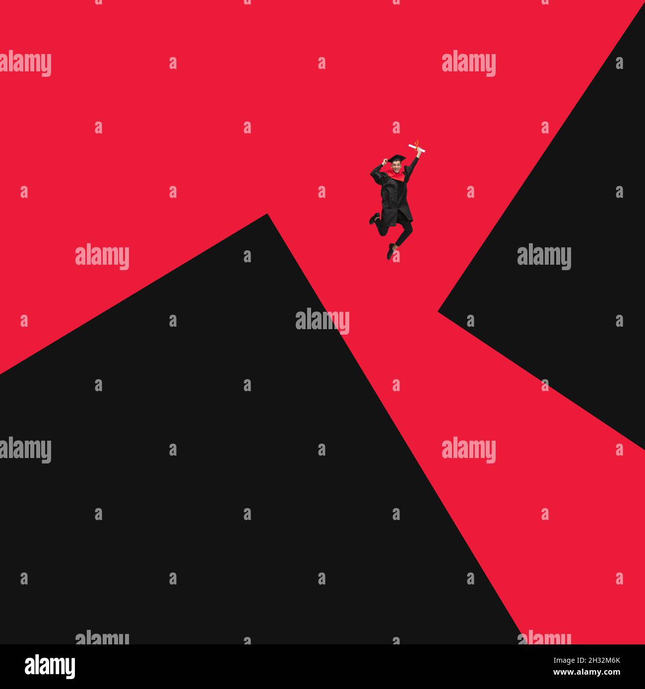 Contemporary art collage of young man, graduating student in mantle jumping isolated over red black background Stock Photo