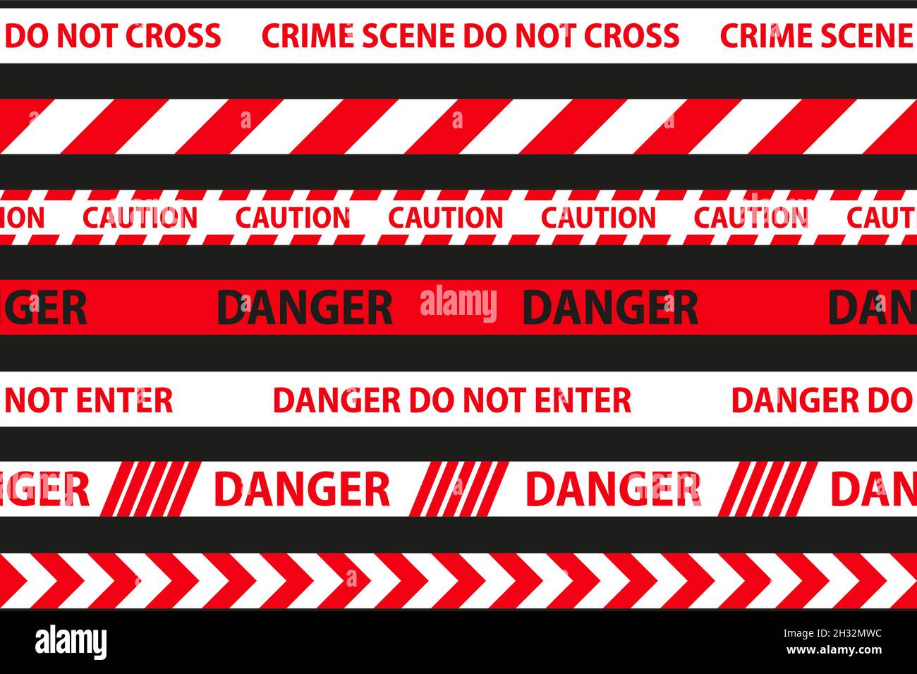 Danger, caution and warning seamless tapes. Red and white police stripe