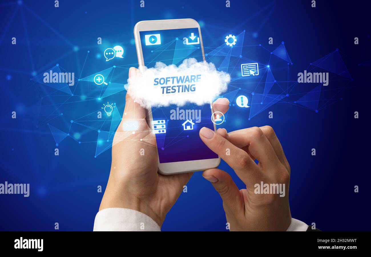 Hand using smartphone with cloud technology concept Stock Photo - Alamy