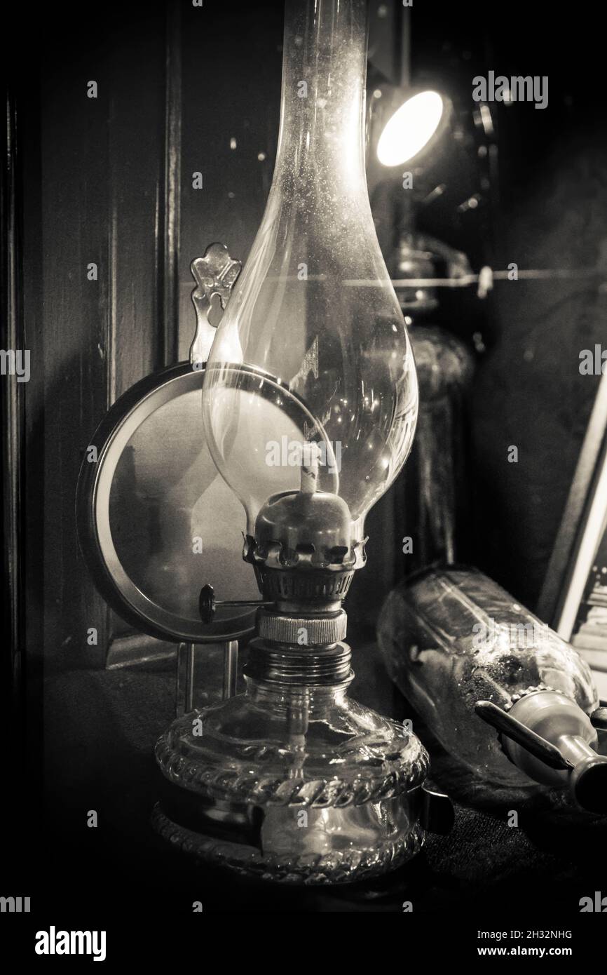 A retro oil lamp in black and white Stock Photo