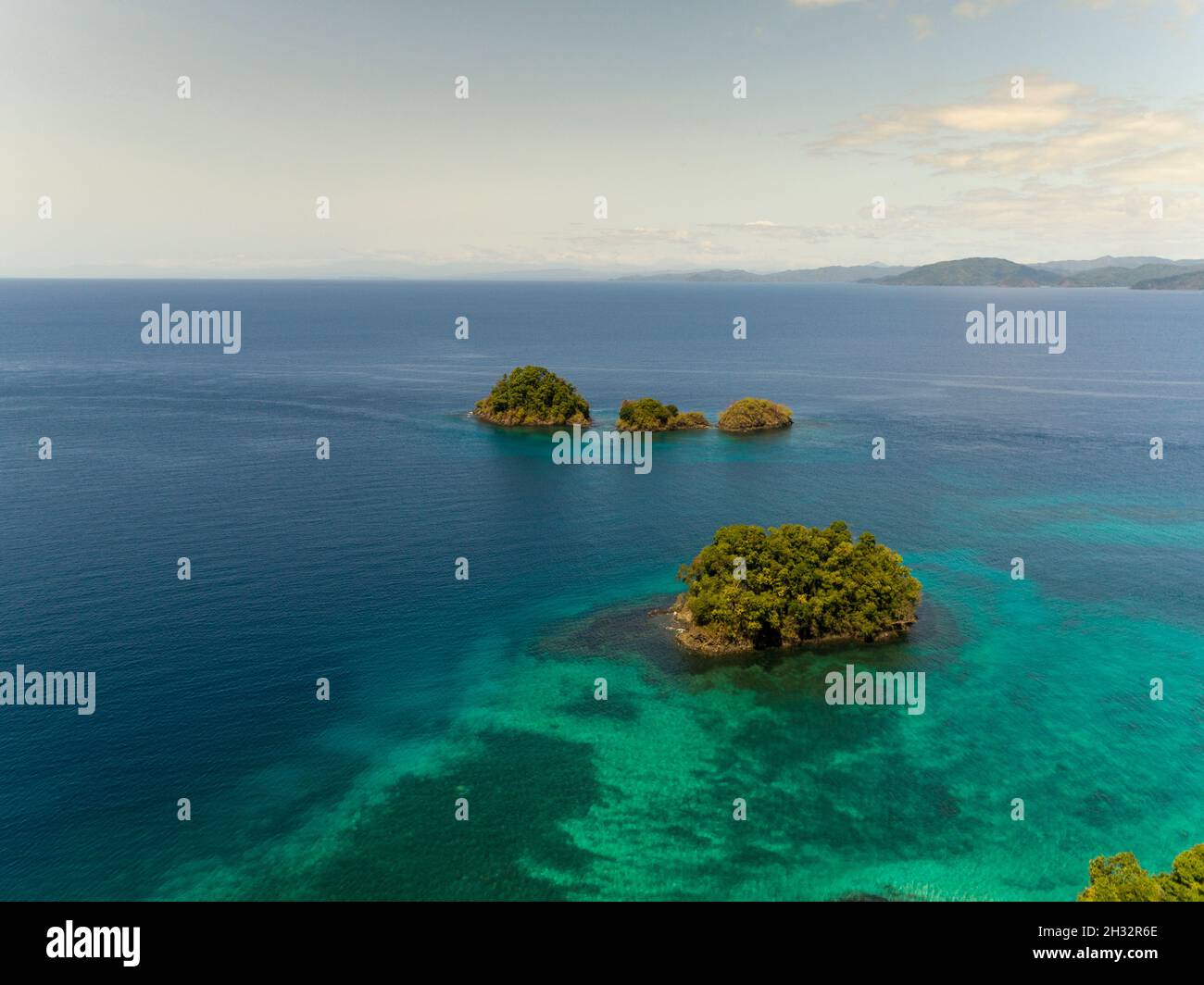 Aerial view of  Canales de Afuera island, A place for snorkeling, scuba diving, kayaking, swimming, Coiba  National Park, Panama, Central America Stock Photo