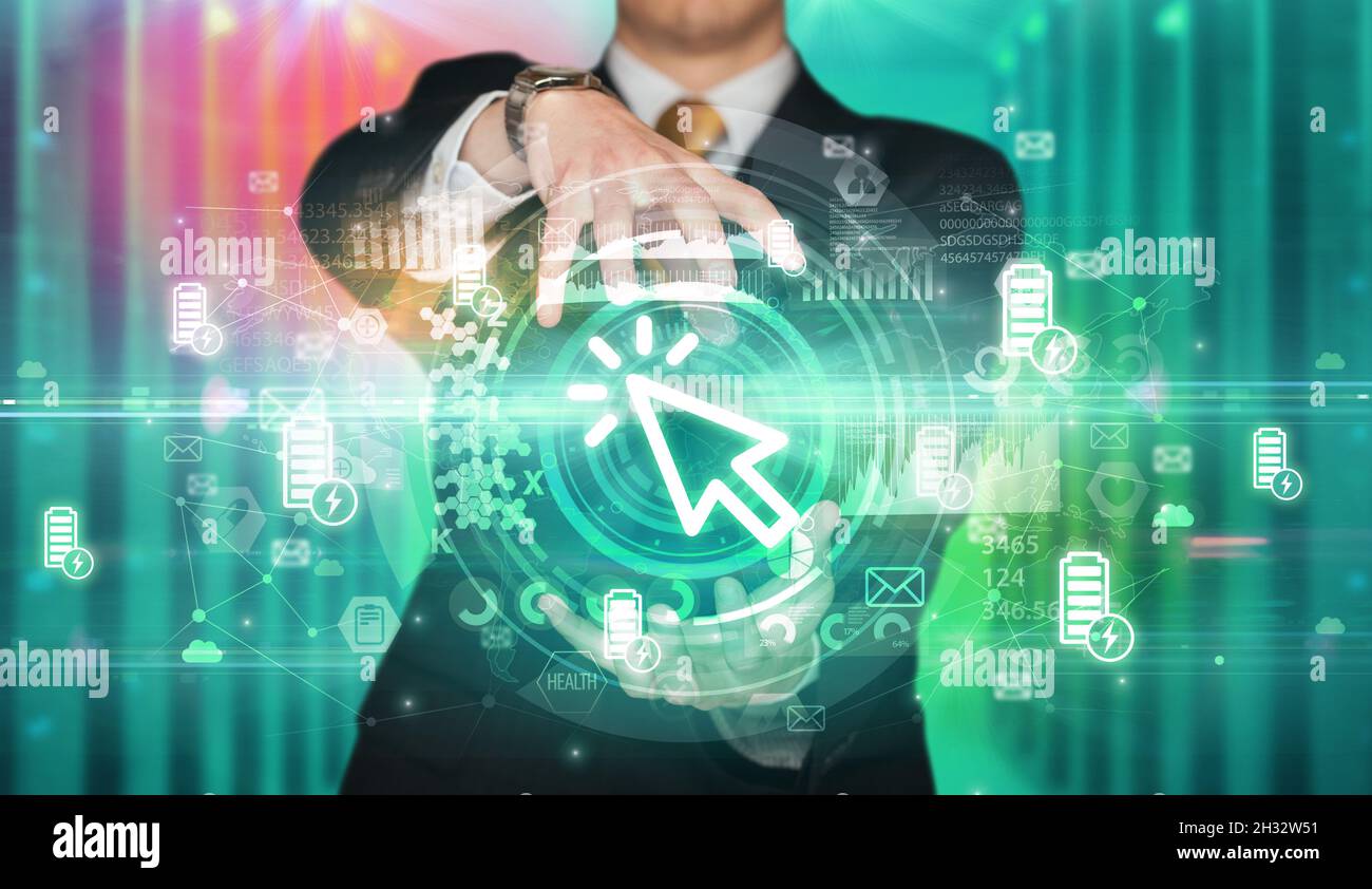 Businessman holding technology icon concept Stock Photo - Alamy