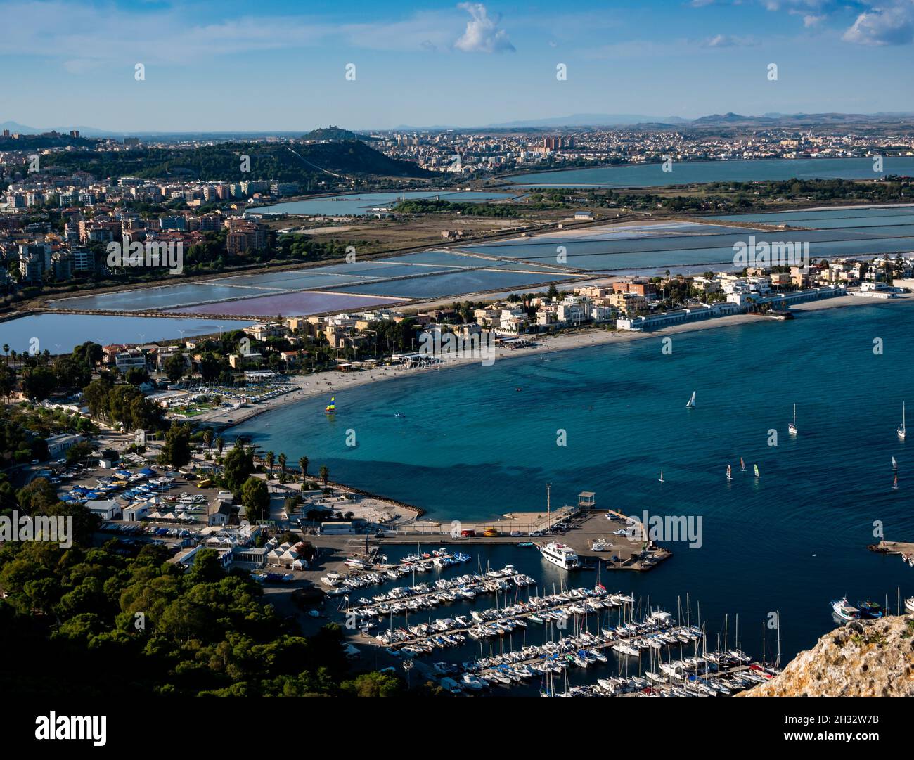 panoramic aerial view of the coast of the city of Cagliari, Sardinia Italy, and the piers with moored boats and yachts Stock Photo