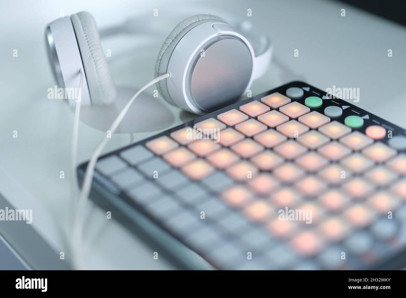 Music production equipment and headphones, beatmaker Stock Photo Alamy