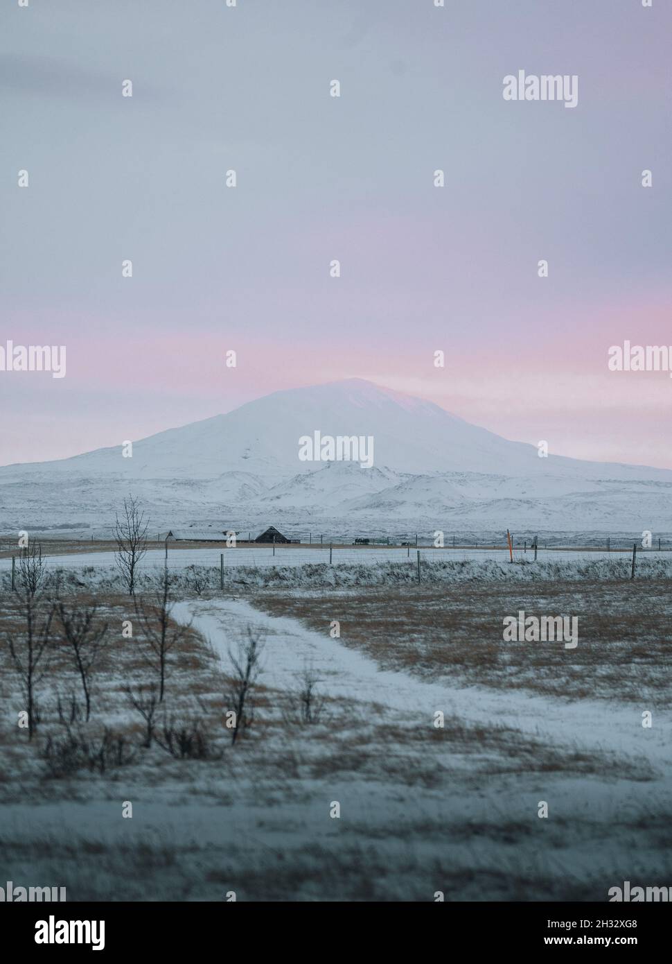 Landscape view of Hekla volcano in South iceland during Winter sunset with snow and fluffy pink clouds. Stock Photo