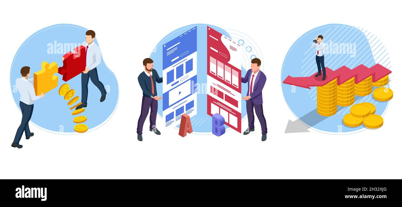Isometric AB testing, comparison concept. Split Testing web page comparing. Website Split test. Split Testing - AB testing Stock Vector