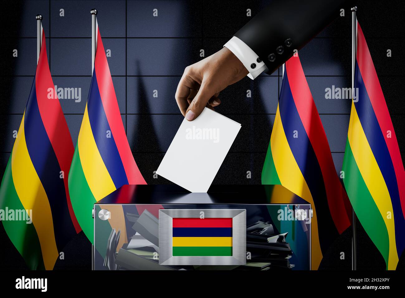 Mauritius flags, hand dropping ballot card into a box voting
