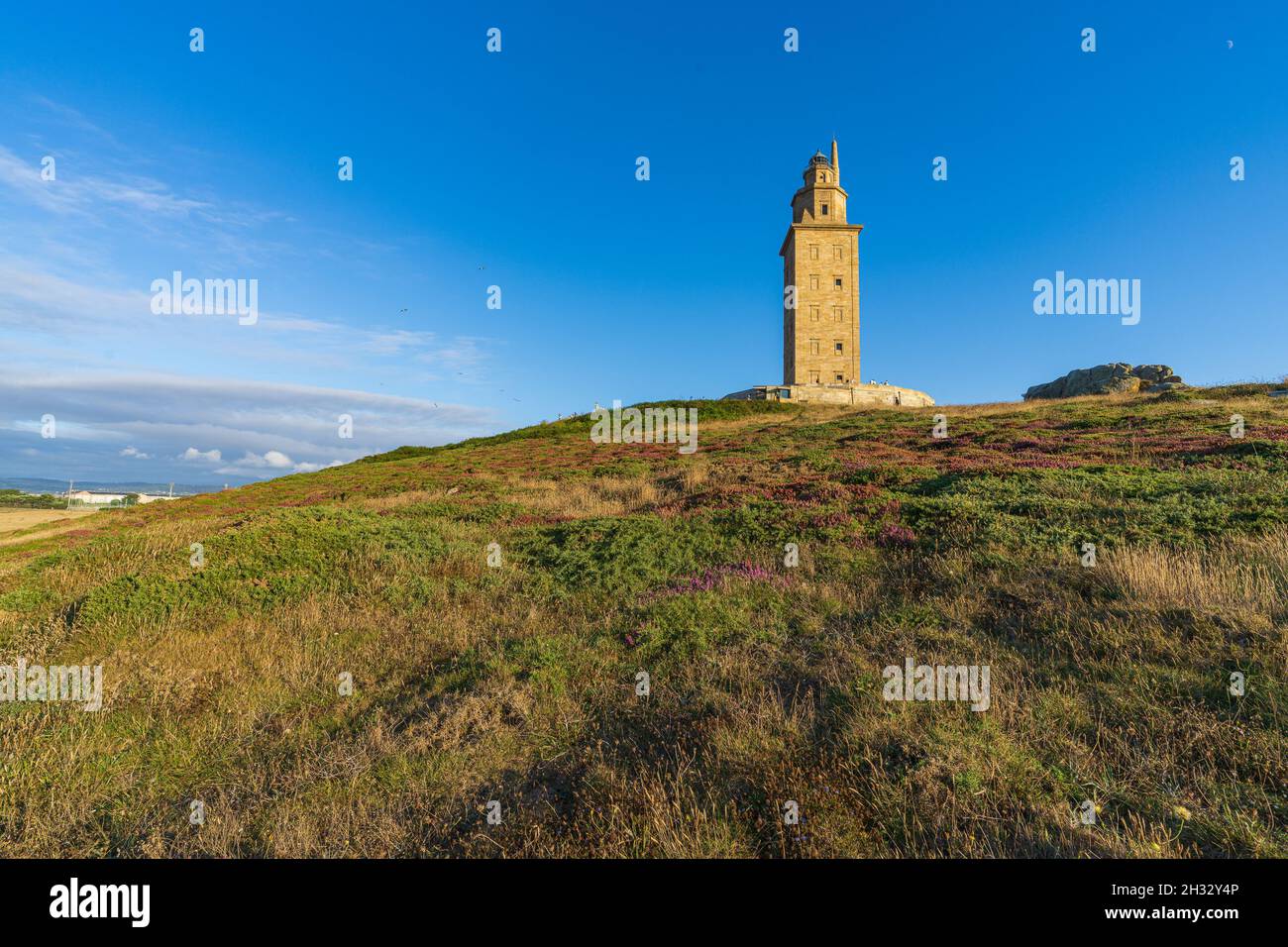 View of the Tower of Hercules in the Galician city of A Coruna in Spain.  Stock Photo