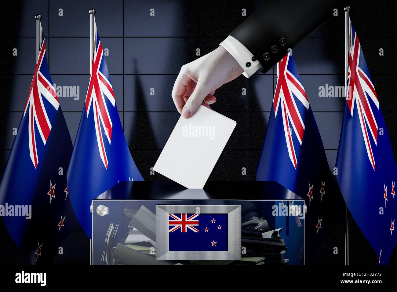 New Zealand flags, hand dropping ballot card into a box voting