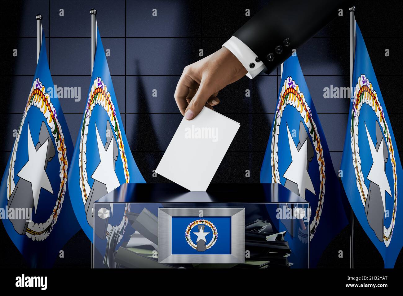 Northern Mariana Islands flags, hand dropping ballot card into a box