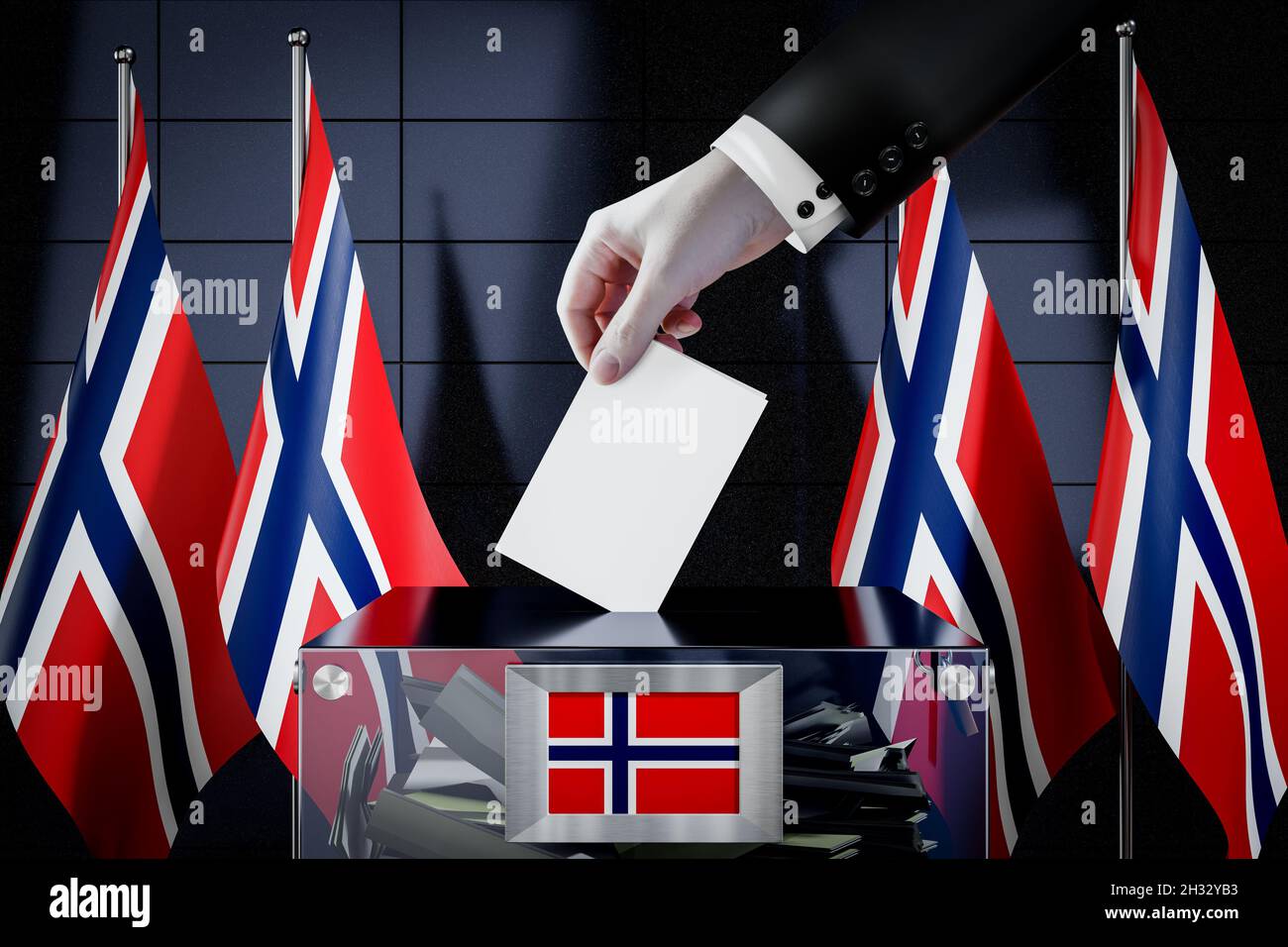 Norway flags, hand dropping ballot card into a box voting, election
