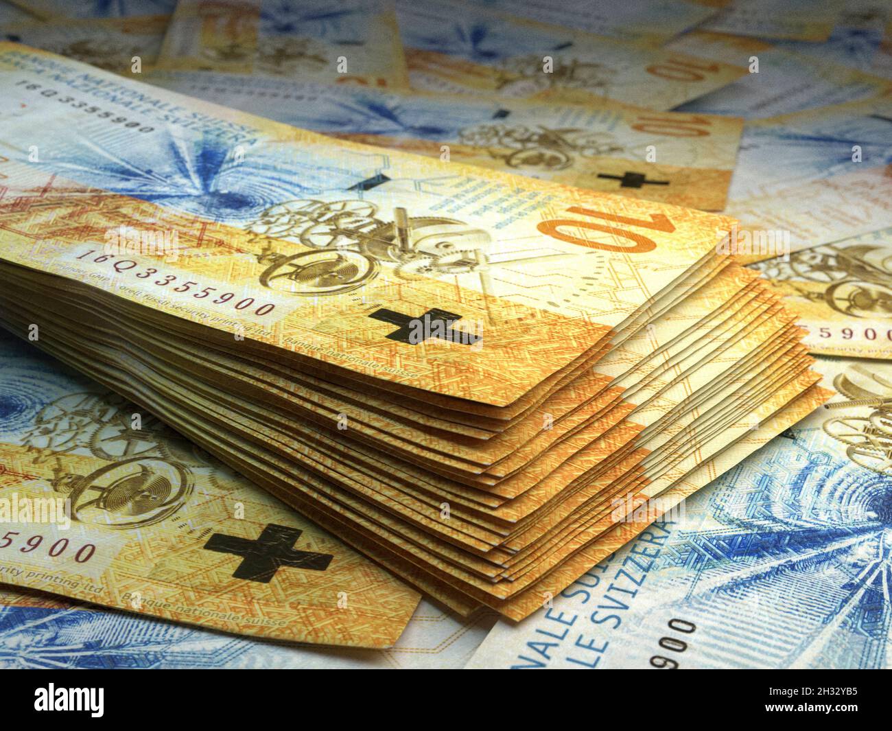 Money of Switzerland. Swiss franc bills. CHF banknotes. 10 francs. Business, finance, news background. 3d illustration. Stock Photo