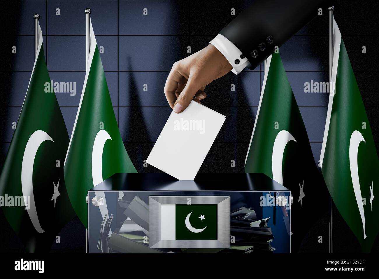 Pakistan flags, hand dropping ballot card into a box - voting, election ...