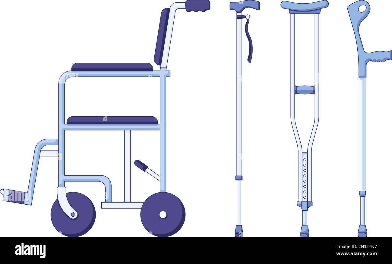 Crutches and wheel chair icon set. Vector illustration of pair metal
