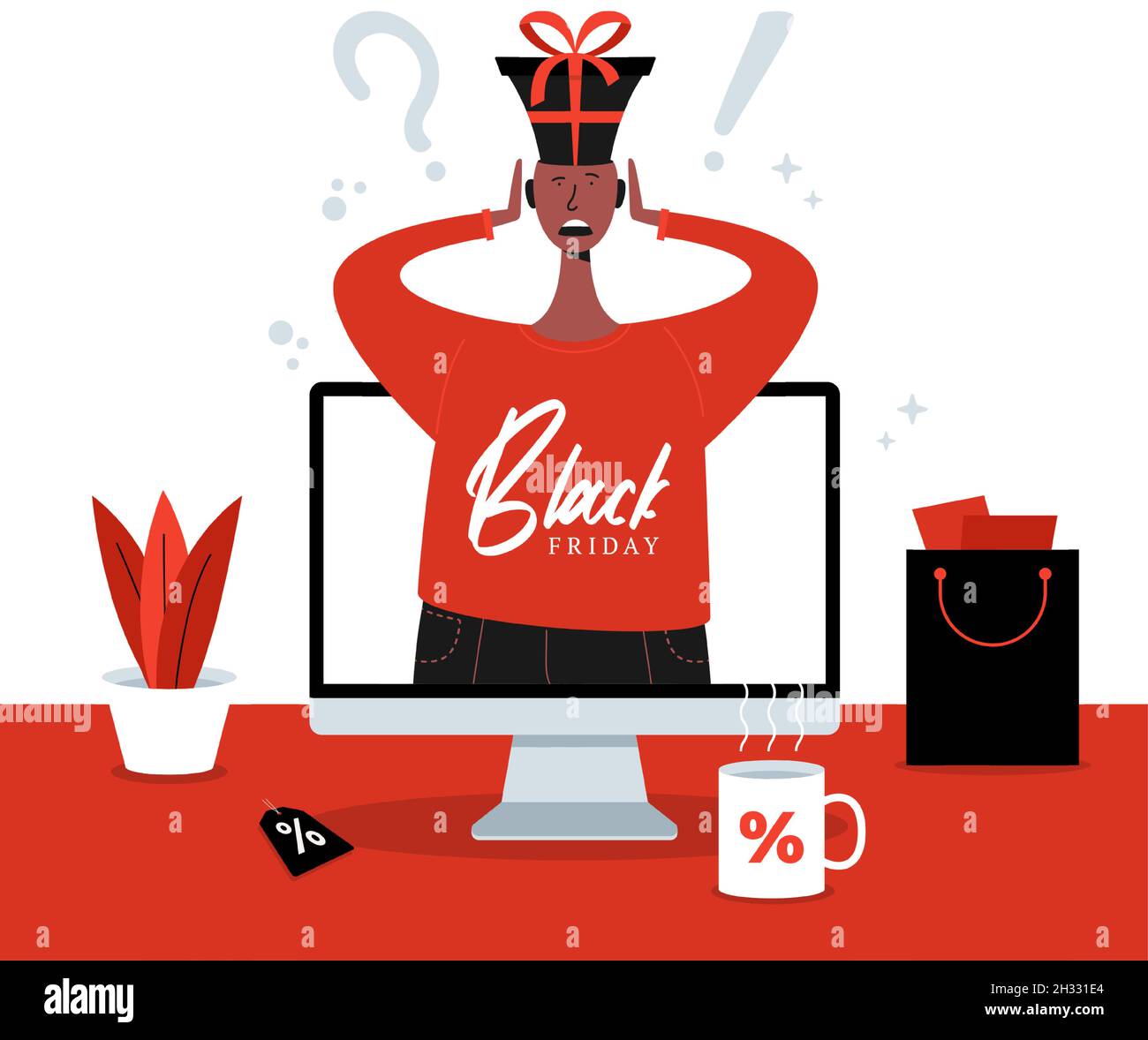 What gift to choose black friday concept. Shocked man chooses gifts on computer screen. Flat cartoon Vector stock illustration. Stock Vector