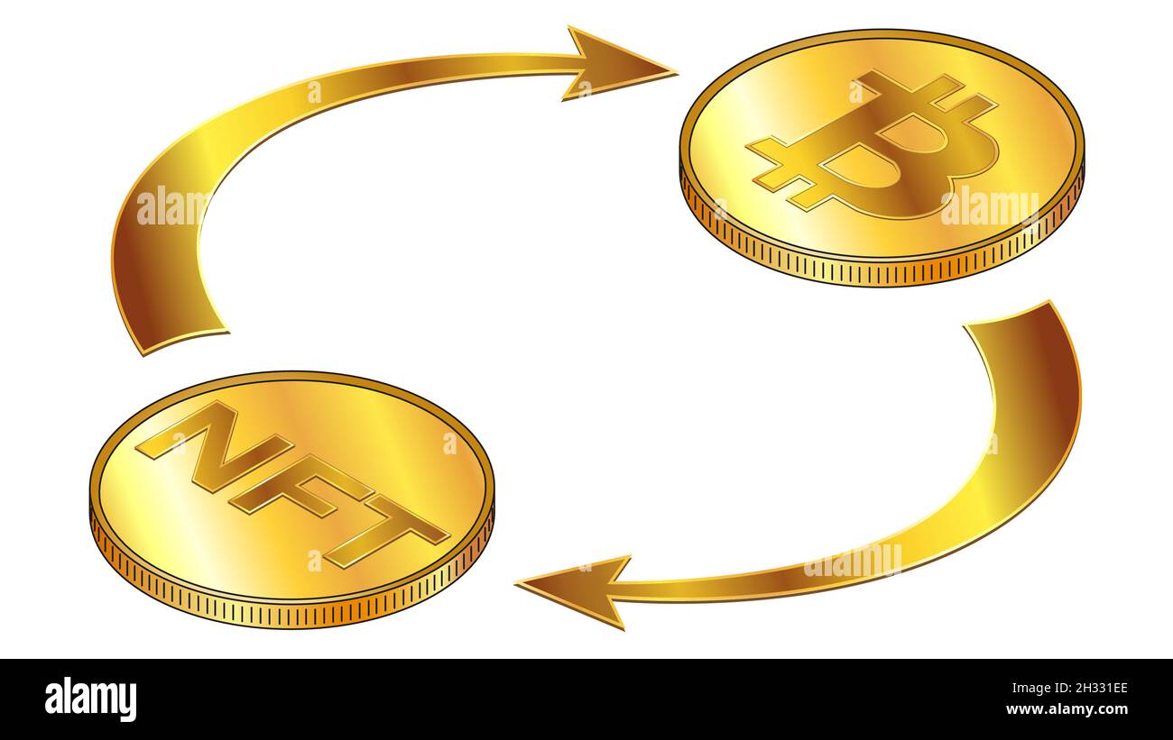 NFT and Bitcoin circulation isometric concept with gold coins and cyclical  arrows isolated on white. Vector design element Stock Vector Image & Art -  Alamy