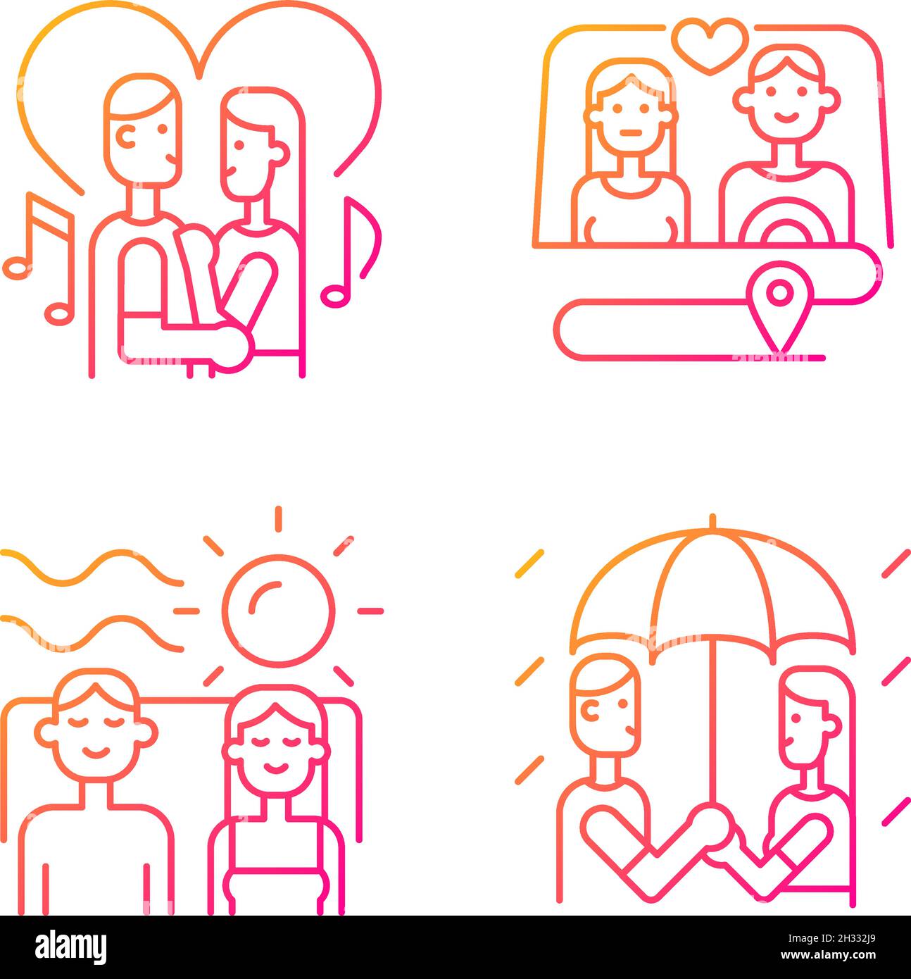 Couple quality time gradient linear vector icons set Stock Vector