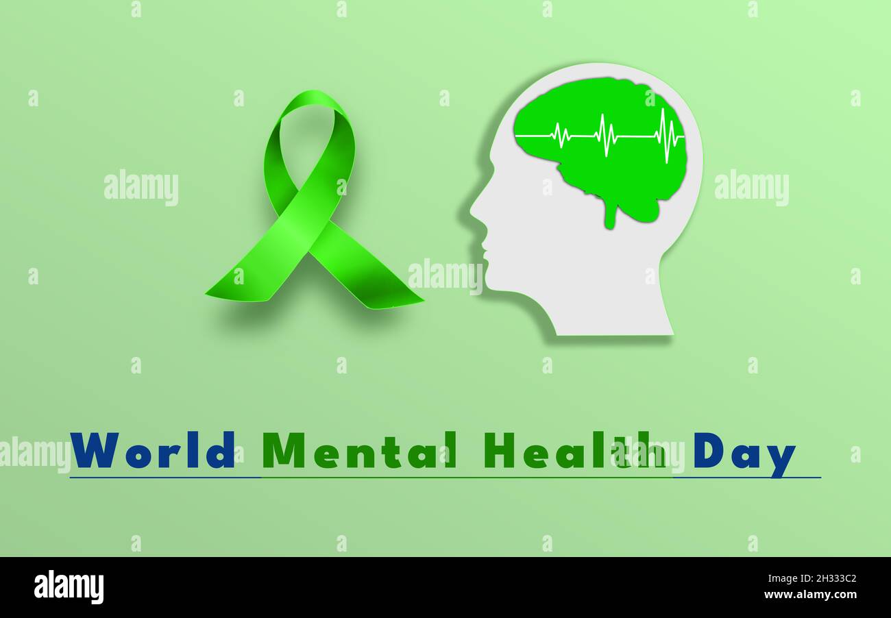 World Mental Health day Concept. Green Human Brain and Green Awareness ...