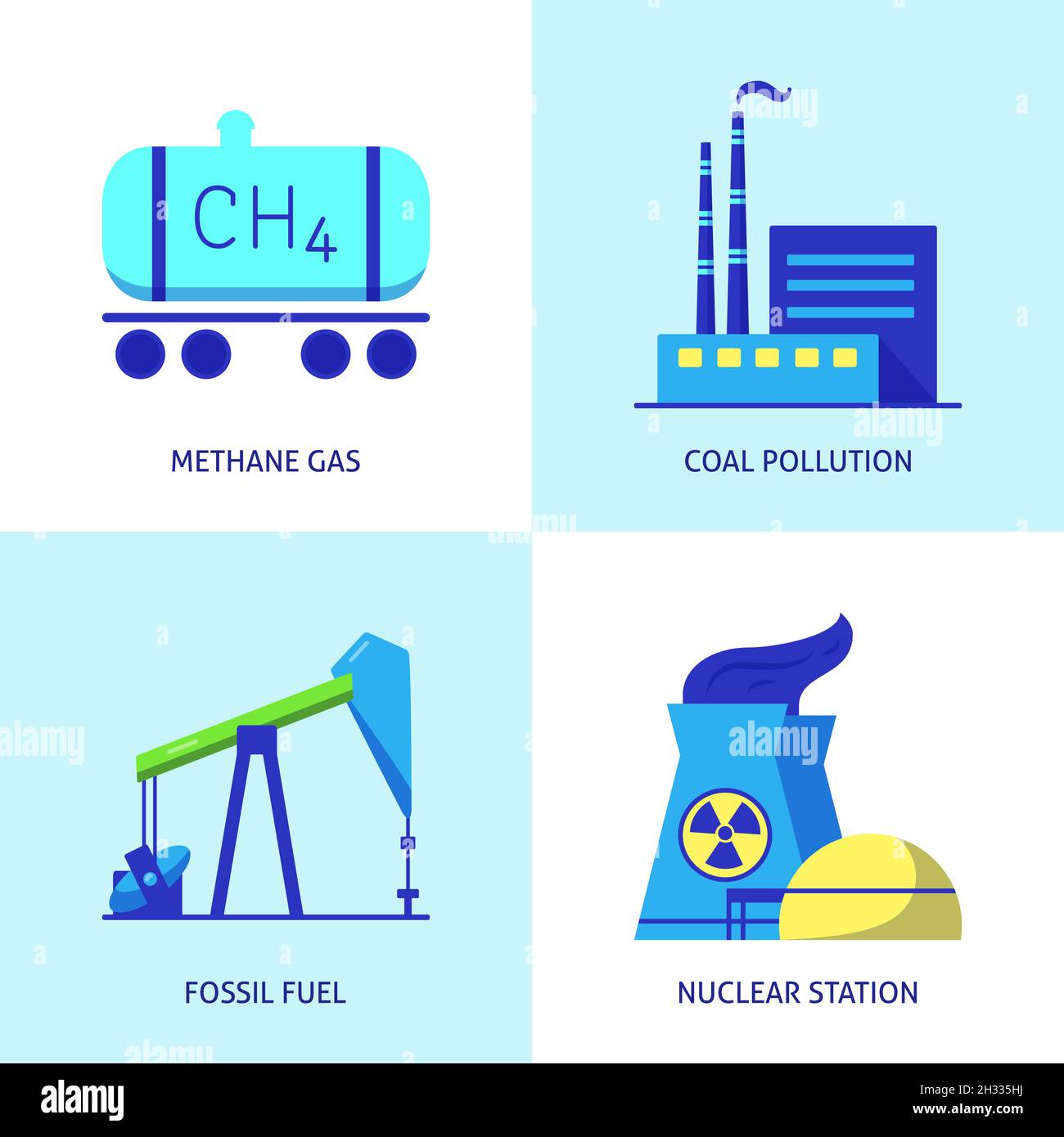 Flat icon set causes of climate change. Oil rig, coal power plant, nuclear plant and methane