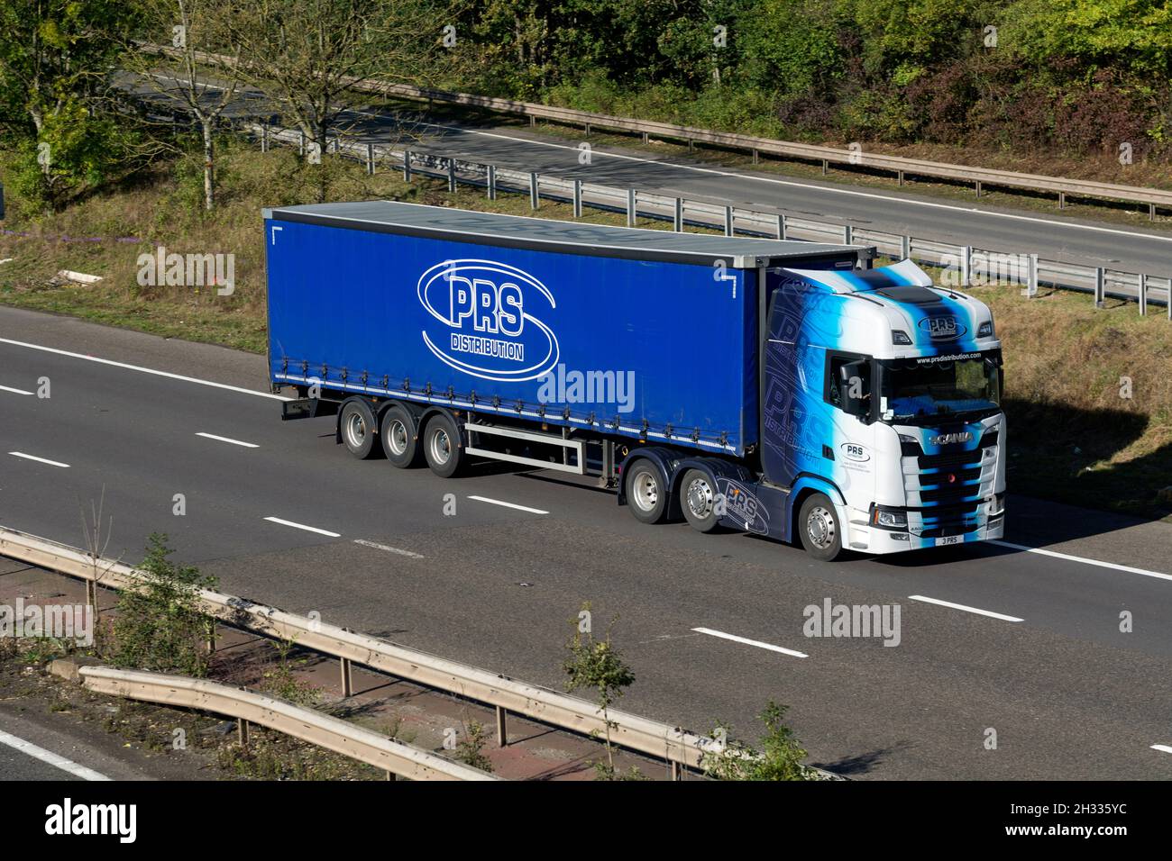 PRS Distribution lorry on the M40 motorway, Warwickshire, UK Stock Photo