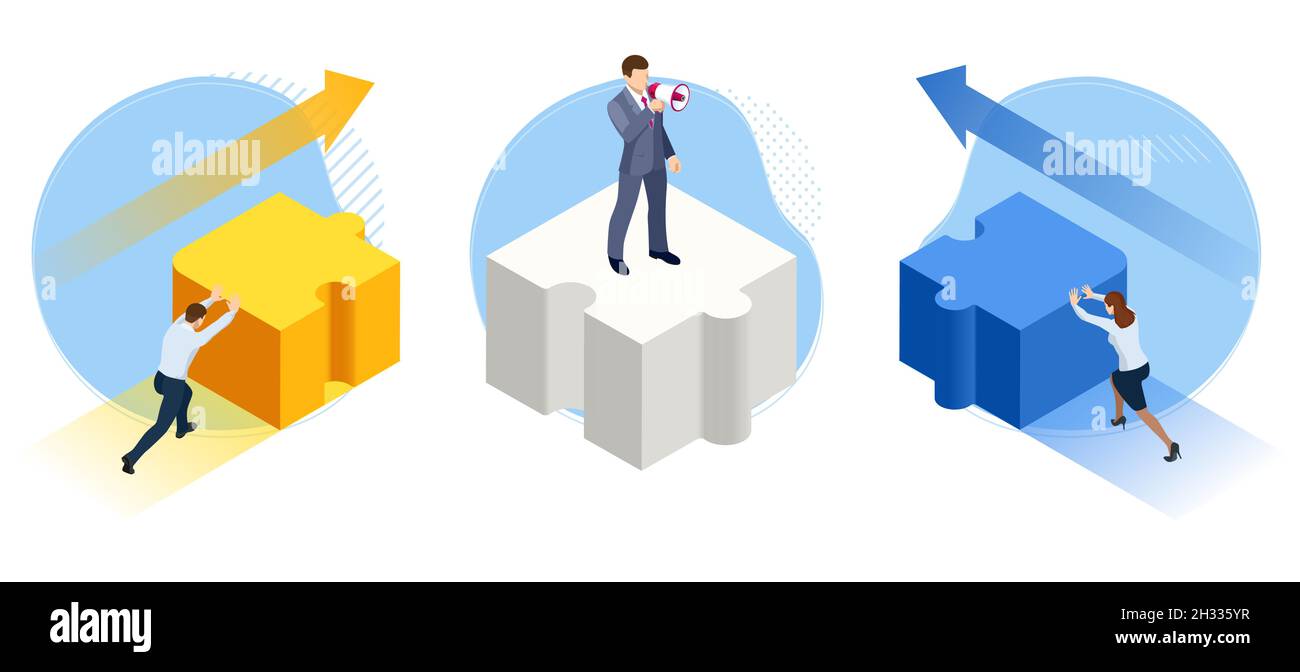 Isometric people connecting puzzle elements concept. Teamwork Support. Cooperation. Business interaction, colleagues cooperating at work Stock Vector