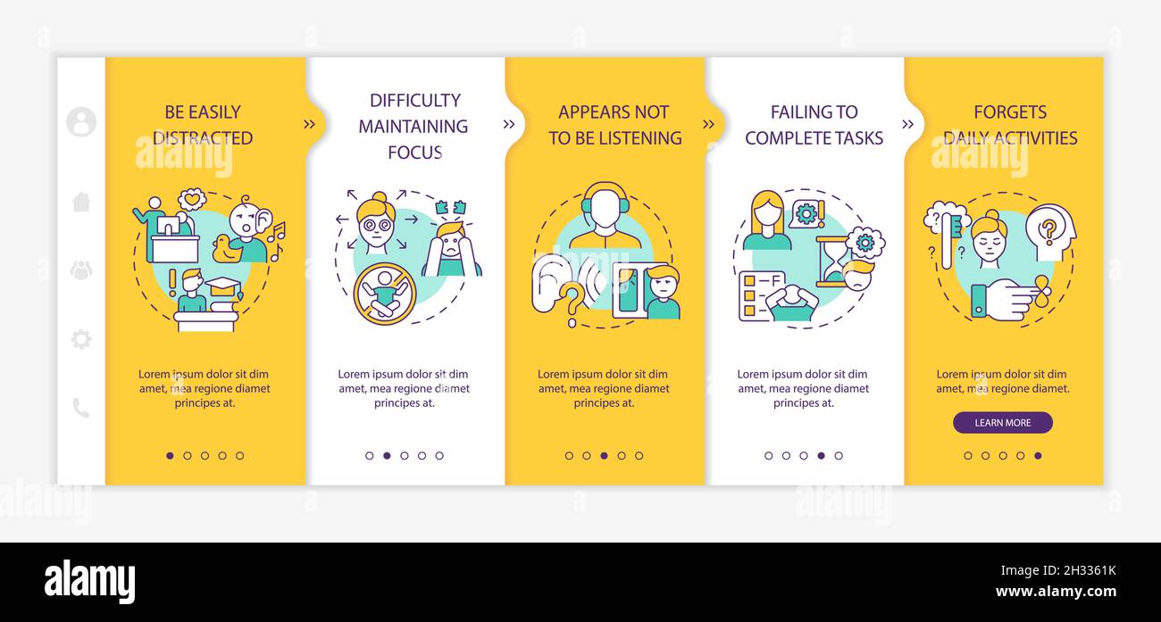 Inattentiveness symptoms onboarding vector template Stock Vector