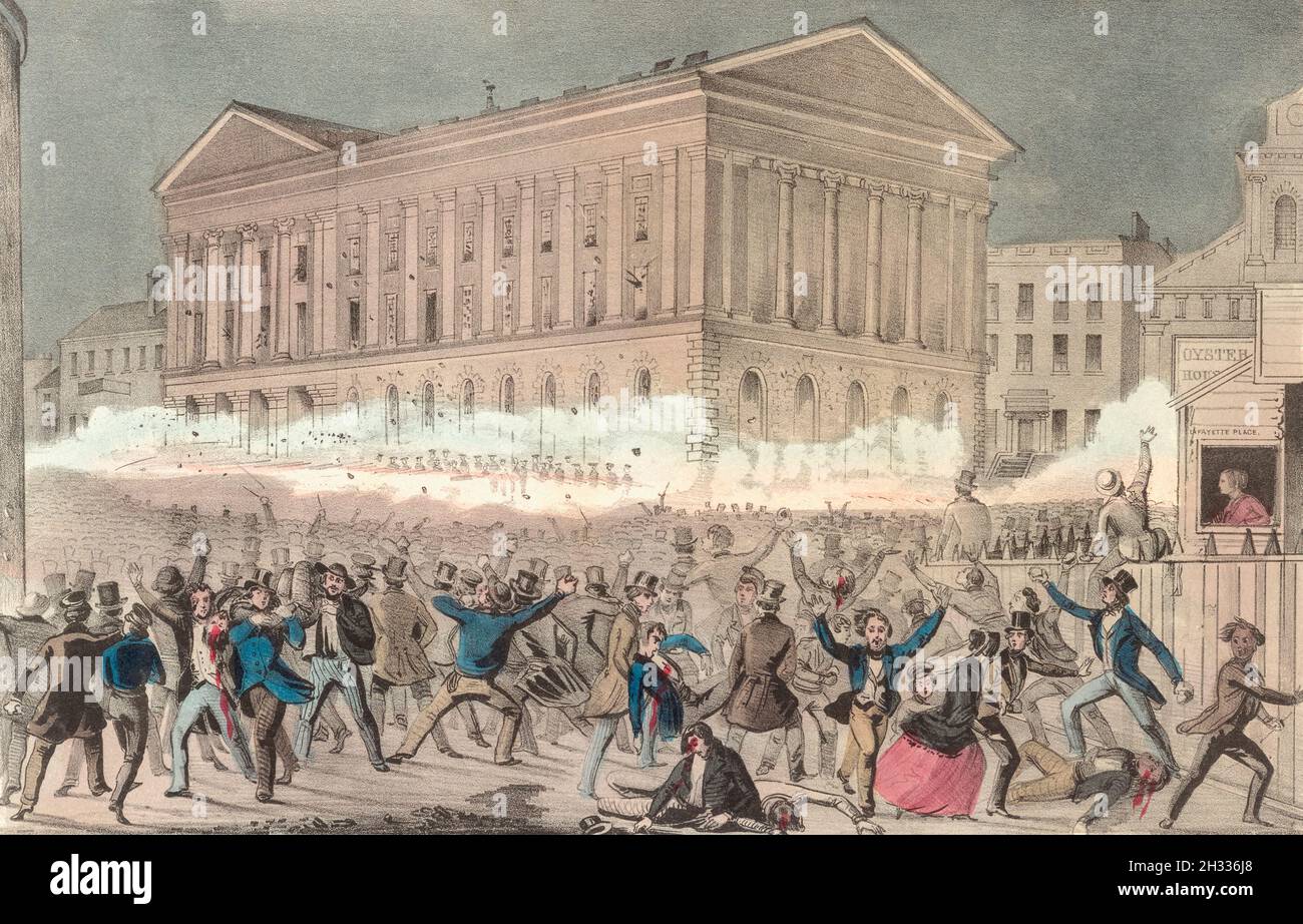 The Astor Place Riot, May 10, 1849 in front of the now-demolished Astor Place Opera House, New York, USA.   Fuelled by rivalry between Shakespearian actors American Edwin Forrest and Englishman William Charles Macready and their respective supporters the feud was used to support conflictive social ideas which resulted in a gathering of several thousand in Astor Place which quickly got out of hand.  Militia were brought who fired point blank into the crowd killing more than 20 people and wounding over 100.  After a contemporary lithograph by Nathaniel Currier. Stock Photo