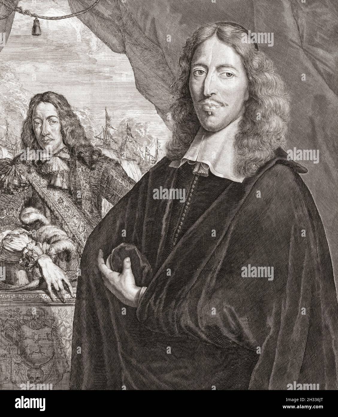 Johan de Witt aka Jan de Witt, 1625 – 1672 (right) and his brother Cornelis de Witt, 1623 - 1672 (left).  Both were Dutch politicians, Johan being the Grand Pensionary of Holland.  The brothers were lynched by supporters of William of Orange on August 20, 1672.  From a print by Lambert Visscher after a work by Jan de Baen. Stock Photo