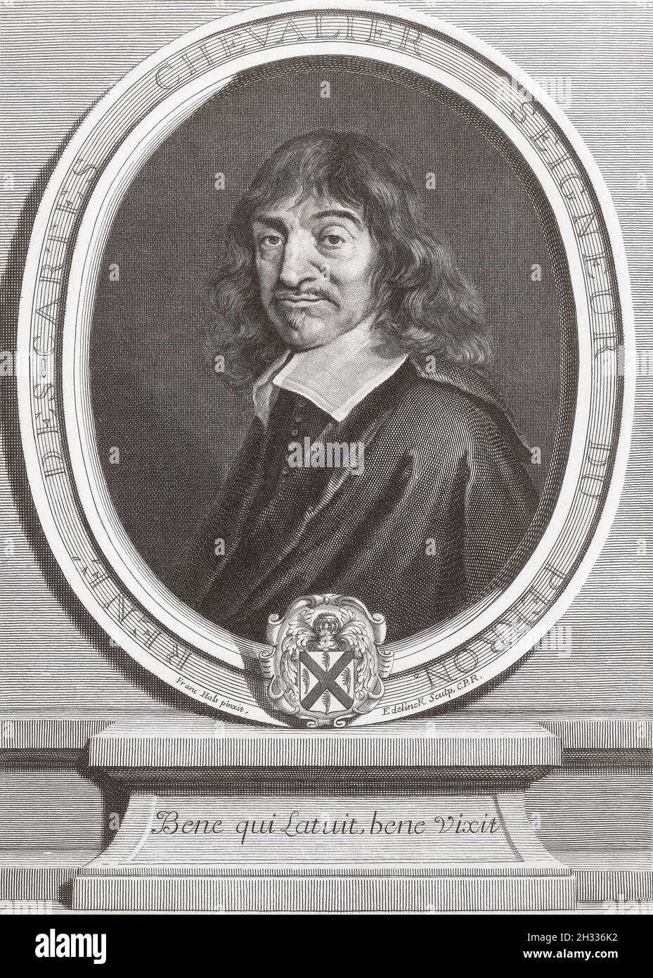 René Descartes, 1596 – 1650. French philosopher, mathematician, and scientist.  The quote in the frame around his portrait is from Ovid's Tristia.  Bene qui latuit, bene vixit, translates as One who lives well, lives unnoticed.  After the painting by Frans Hals. Stock Photo