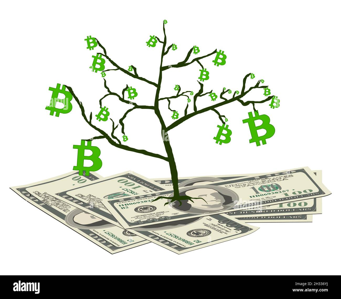 Concept of converting bitcoin from dollars isolated on white. The bitcoin tree grows on 100 dollars bills. Vector illustration. Stock Vector