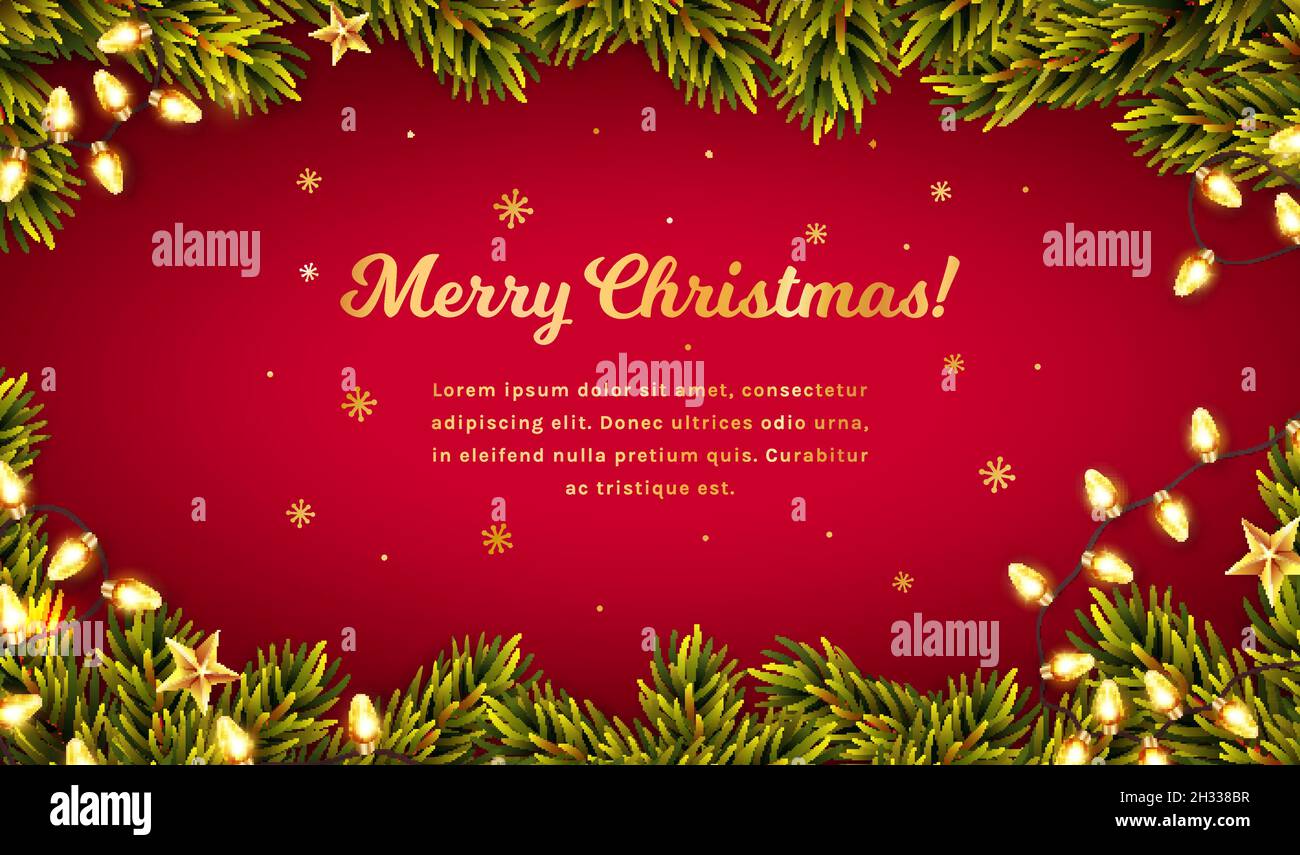 Merry Christmas background with fir tree branches, luminous garland lights and place for text. Horizontal banner or greeting card with copy space. Stock Vector