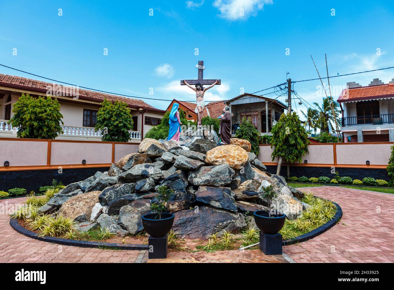 Hill with crucifixion in thre inner yard of St Sebastian's church in Negombo, Sri Lanka, Asia Stock Photo