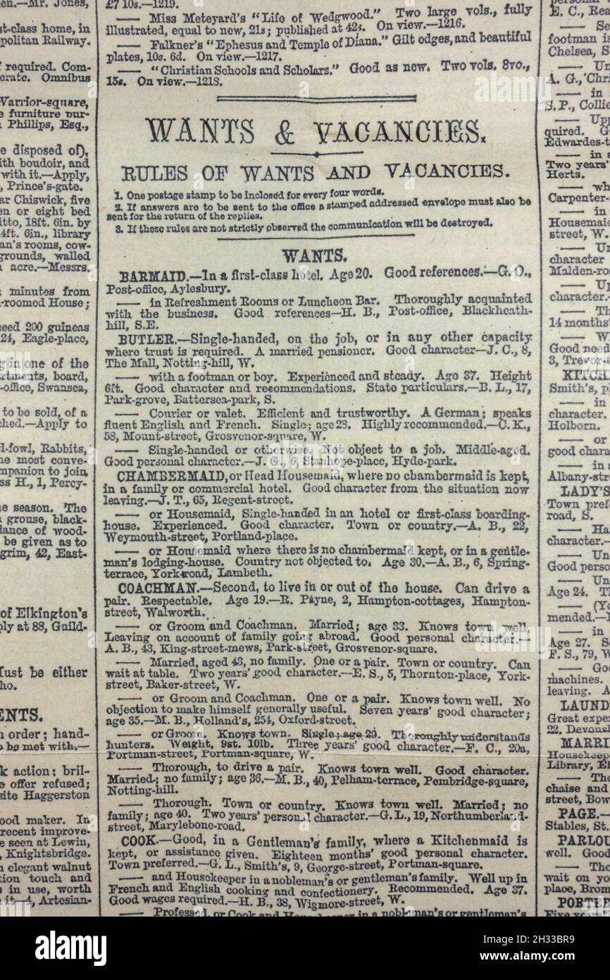 Wants & Vacancies section in a Victorian era Exchange and Mart (replica) from 13th May 1868. Stock Photo