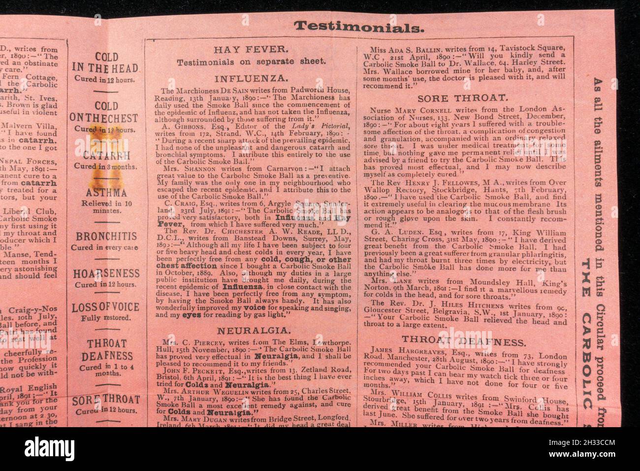 Testimonials section of a Carbolic Smoke Ball Victorian era advertisement booklet (replica). Stock Photo