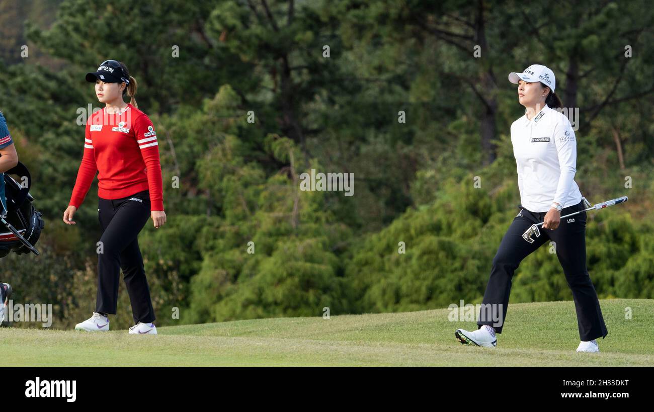 24 October 2021 - Busan, South Korea : Ko Jin-young (R) and Lim Hee-Jeong of South Korea, past walks 18th hall green before the overtime match against for the LPGA BMW Ladies Championship 2021 at LPGA International Busan Golf Club in Busan, South of Seoul, South Korea on October 24, 2021. (Photo by: Lee Young-ho/Sipa USA) Stock Photo