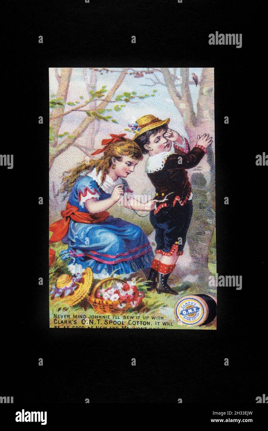 Victorian era colour advert (replica) for Clark's ONT Spool Cotton. Stock Photo