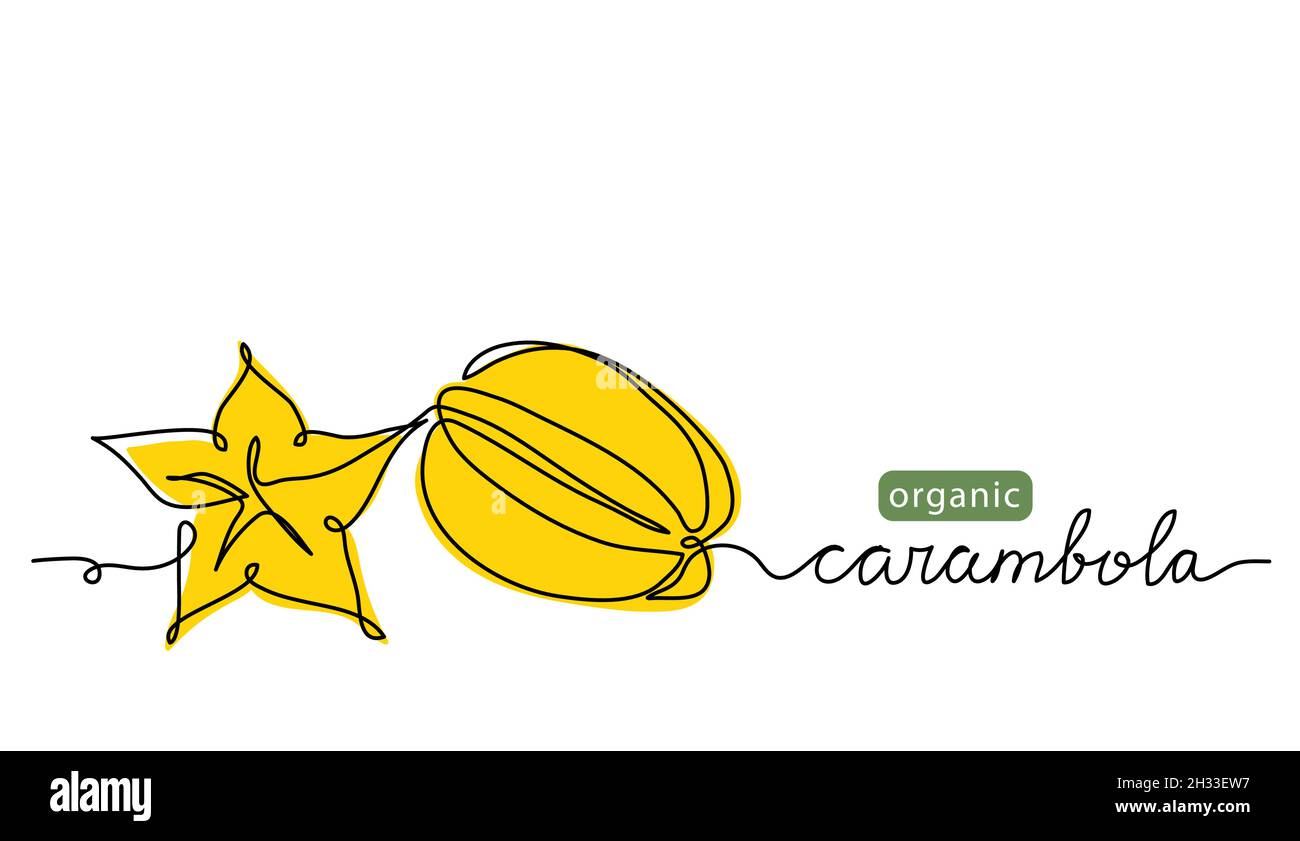 Carambola fruit simple color vector illustration. One continuous line art drawing with lettering organic carambola fruit Stock Vector
