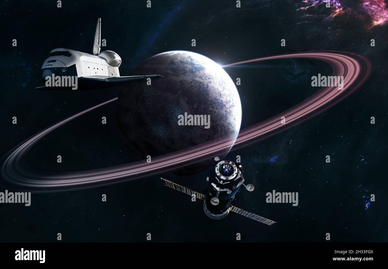 Space station and shuttle on background of deep space planet Stock Photo