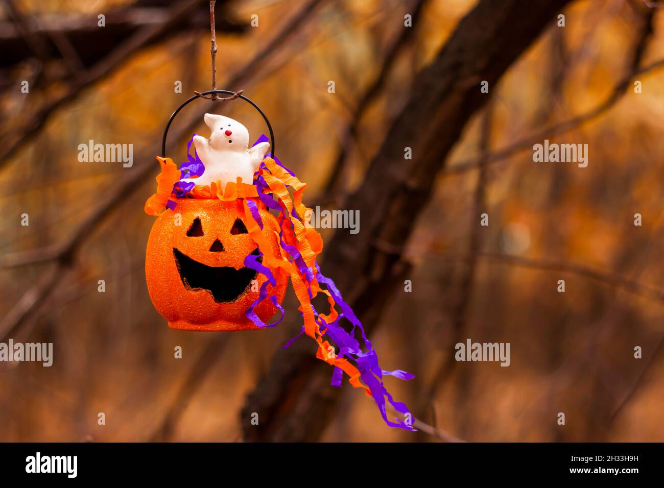 Halloween ghost and pumpkin lantern Stock Photo