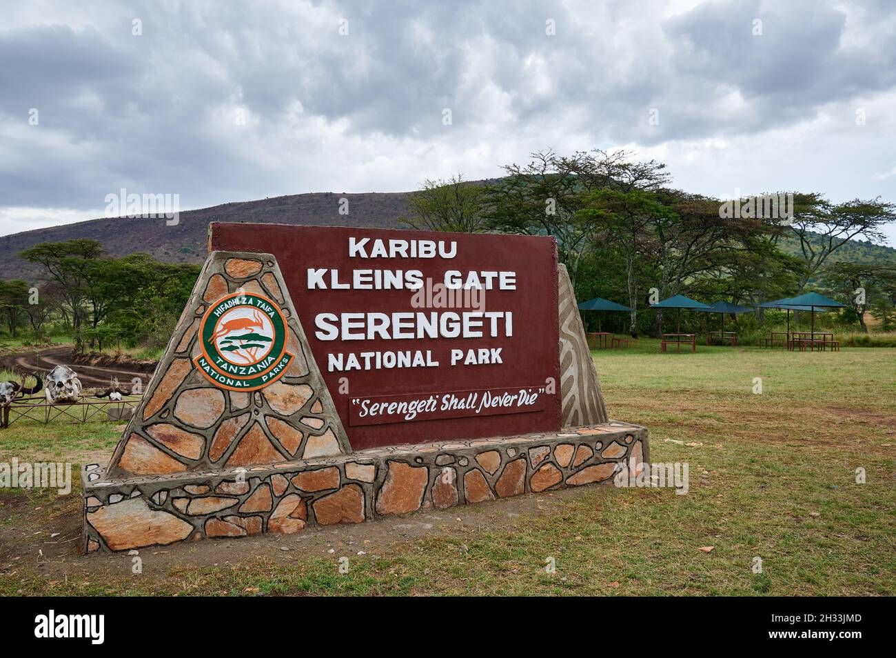 sign of Serengeti National Park at Kleins gate, Tanzania, Africa Stock Photo
