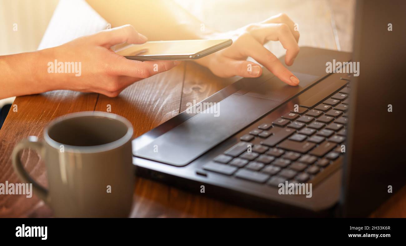 Online shopping. Female hands holding smartphone and typing. Stock Photo