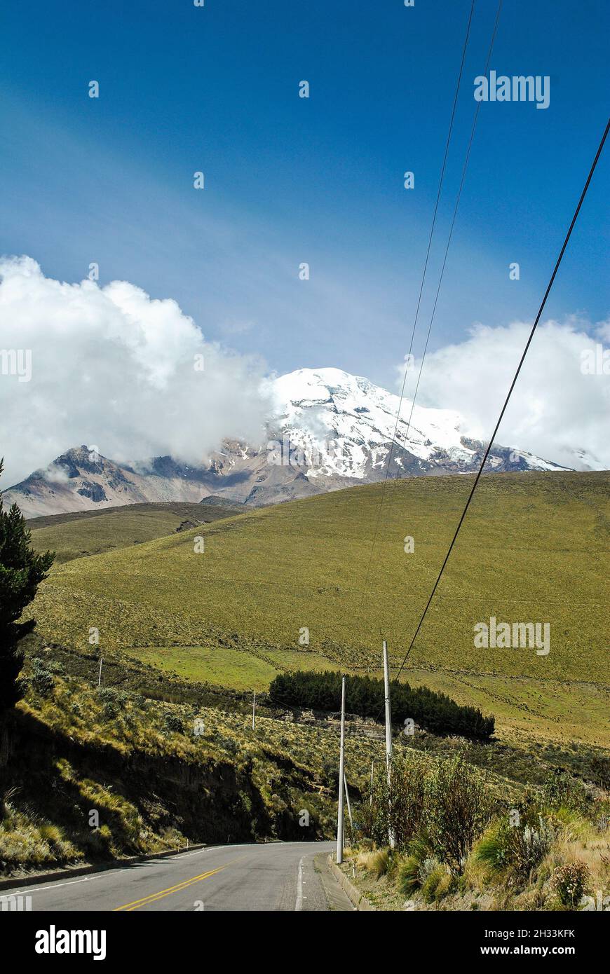 Landscape, road and Chimborazo volcano.  Riobamba, Chimborazo, Ecuador Stock Photo