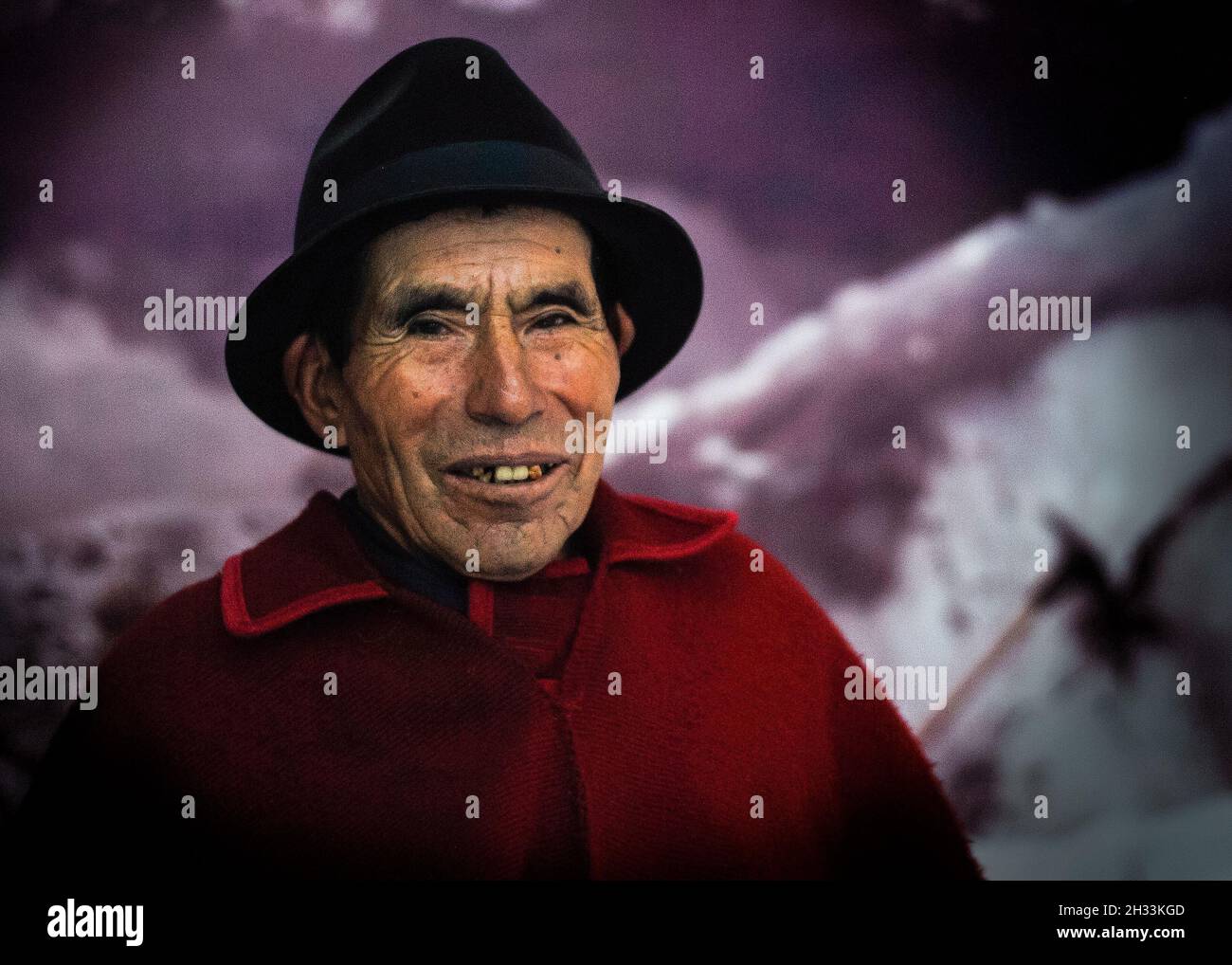 Portrait of old man named Baltazar Ushca, the last ice merchant of Chimborazo volcano Stock Photo