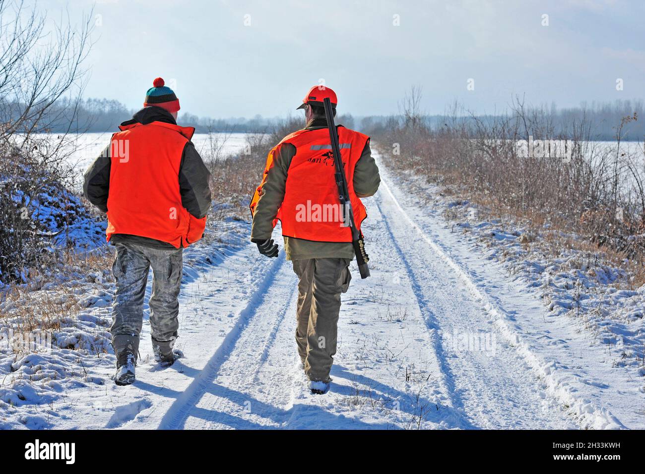 Hunters in the snow in Hungary Stock Photo